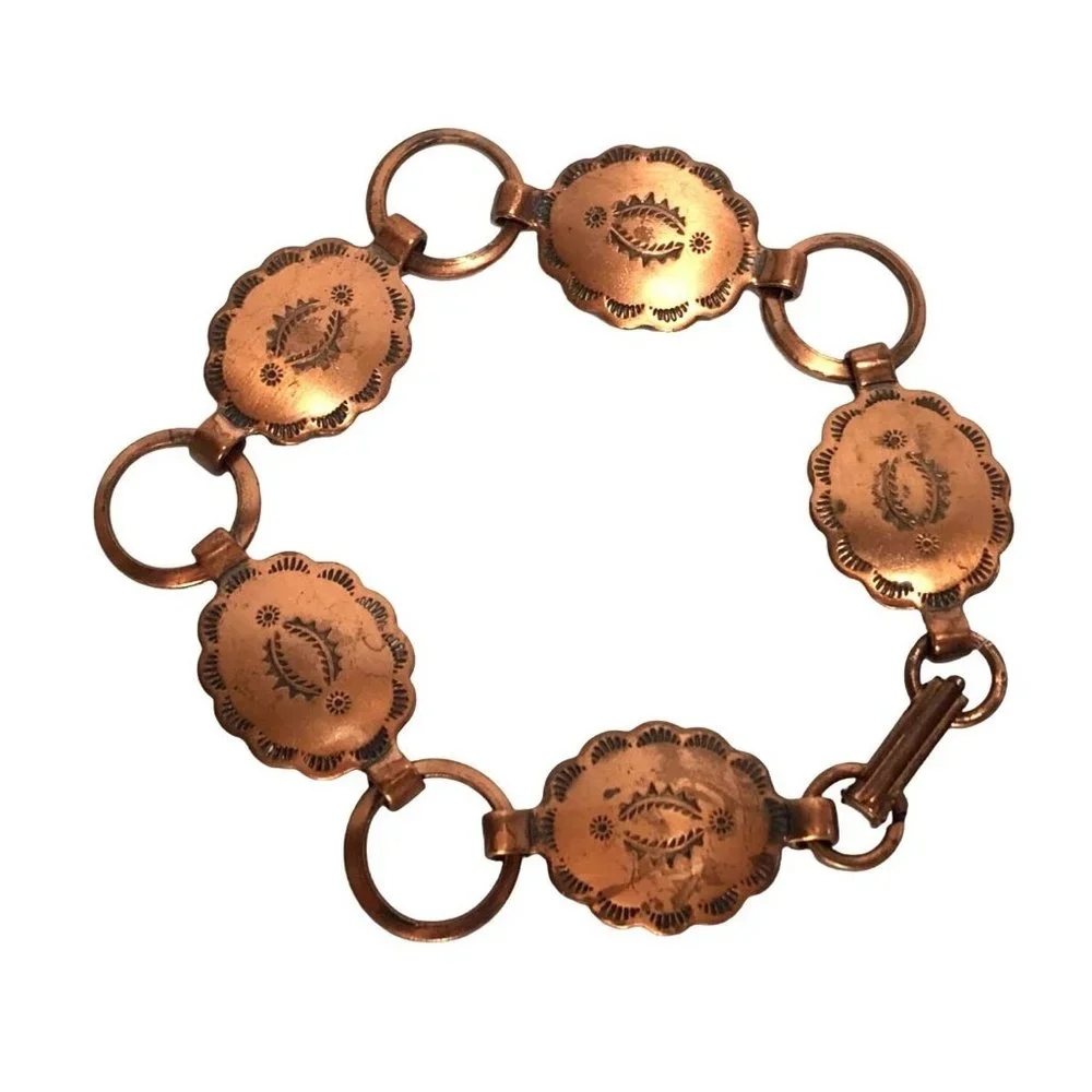 Vintage Southwestern Antiqued Copper Concho and Circle Link Bracelet - Picture 1 of 4